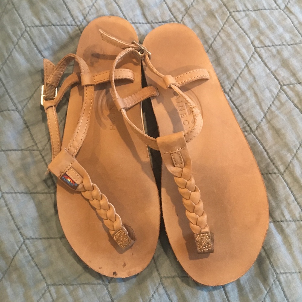 Rainbow braided leather flip flops